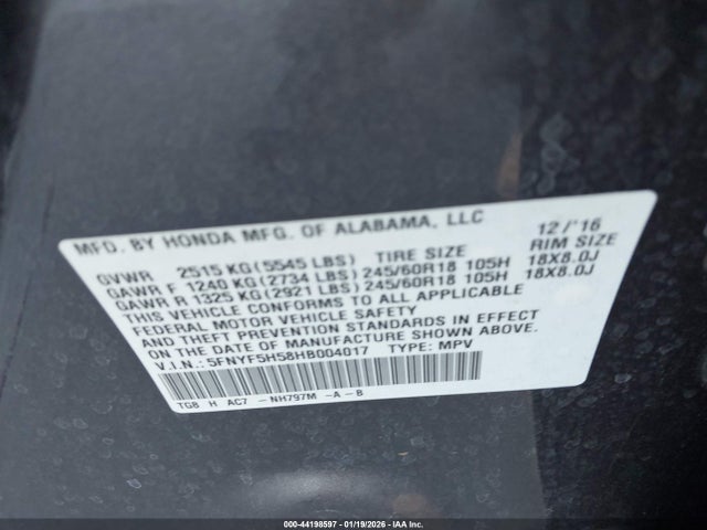 5FNYF5H58HB004017 Honda Pilot Ex-l