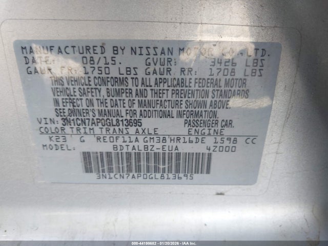 3N1CN7AP0GL813695 Nissan Versa 1.6 S/1.6 S+/1.6 Sl/1.6 Sv