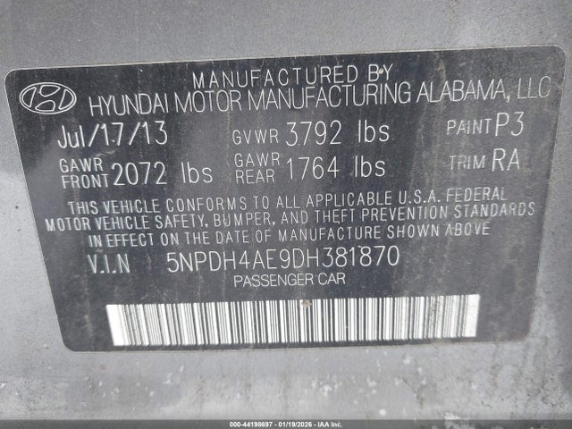 Продажа на аукционе авто 2013 Hyundai Elantra Limited, vin: 5NPDH4AE9DH381870, номер лота: 44198697