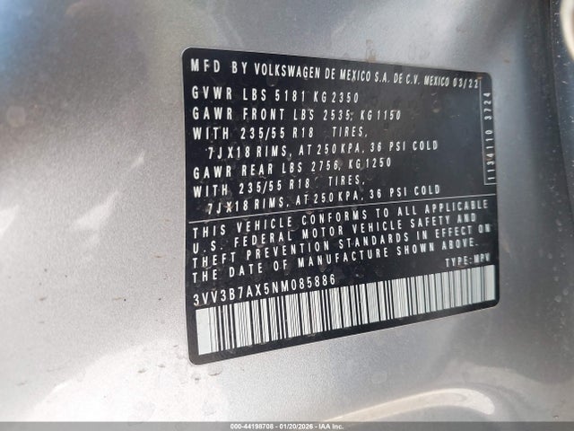3VV3B7AX5NM085886 Volkswagen Tiguan 2.0t Se
