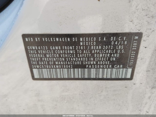 Aukcja sprzedaży 2019 Volkswagen Jetta 1.4t R-line/1.4t S/1.4t Se, vin: 3VWC57BUXKM018042, numer aukcji: 44198808