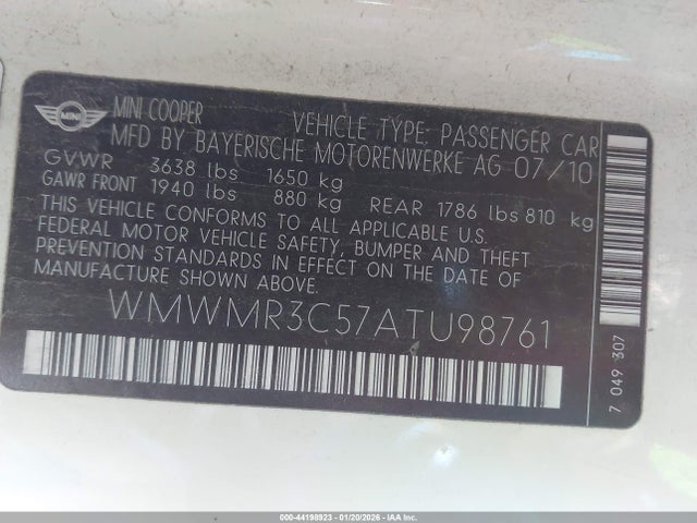 2010 MINI COOPER WMWMR3C57ATU98761 Photo 8
