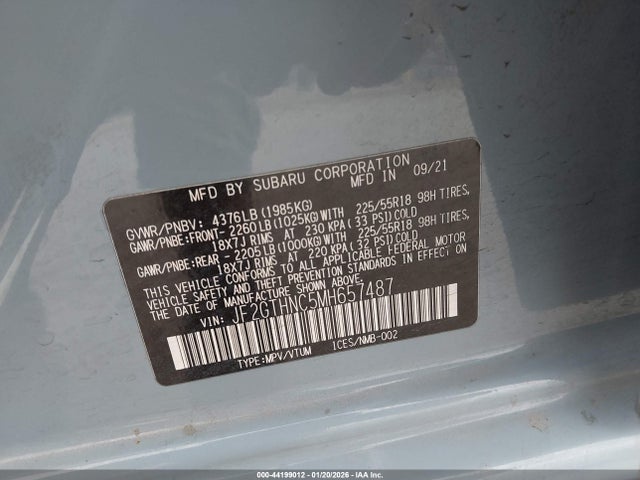 Aukcja sprzedaży 2021 Subaru Crosstrek Limited, vin: JF2GTHNC5MH657487, numer aukcji: 44199012