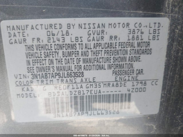 3N1AB7AP9JL663528 Nissan SENTRA SV