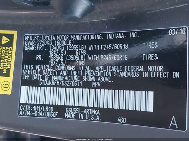 Toyota Highlander Xle V6 2016 5TDJKRFH7GS270611 Image 9