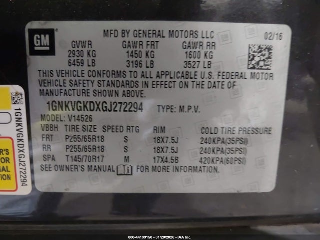 1GNKVGKDXGJ272294 Chevrolet Traverse 1lt