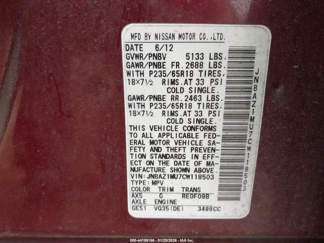 2012 NISSAN MURANO JN8AZ1MU7CW118503 Photo 8