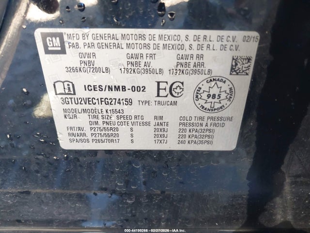 Aukcja sprzedaży 2015 Gmc Sierra 1500 Slt, vin: 3GTU2VEC1FG274159, numer aukcji: 44199266