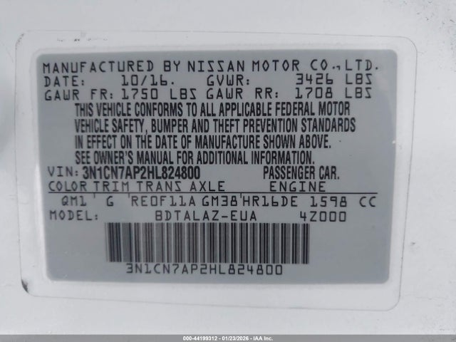 3N1CN7AP2HL824800 Nissan Versa 1.6 S+