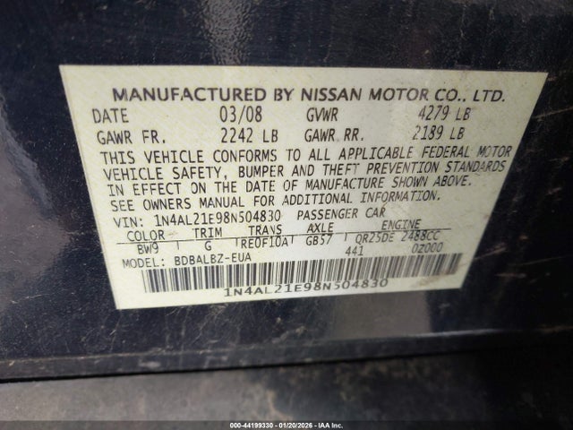 Aukcja sprzedaży 2008 Nissan Altima 2.5 S, vin: 1N4AL21E98N504830, numer aukcji: 44199330