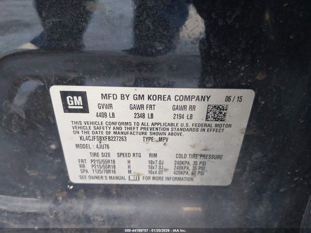44199757 :رقم المزاد ، KL4CJFSBXFB227263 vin ، 2015 Buick Encore Convenience مزاد بيع