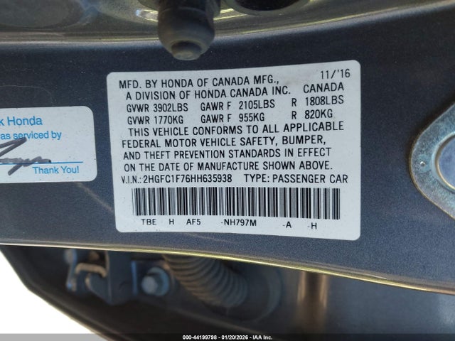 Продажа на аукционе авто 2017 Honda Civic Ex-l, vin: 2HGFC1F76HH635938, номер лота: 44199798