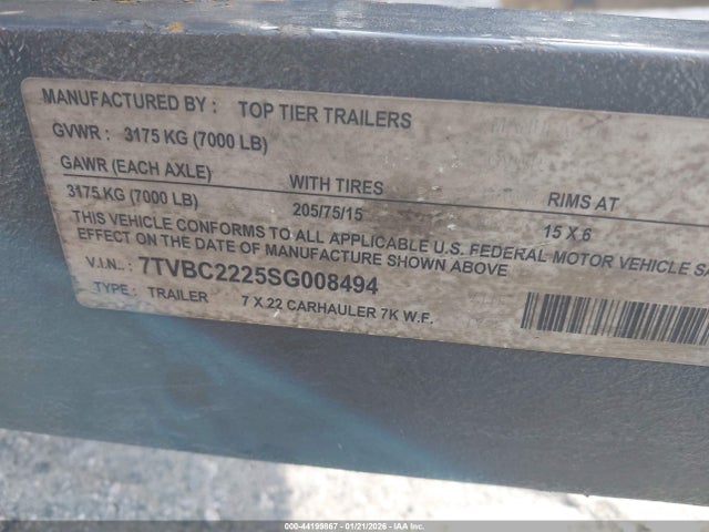 Aukcja sprzedaży 2025 Trailer Utility, vin: 7TVBC2225SG008494, numer aukcji: 44199867