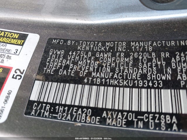 4T1B11HK5KU193433 Toyota CAMRY SE