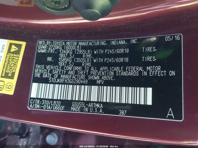 5TDJKRFH3GS290449 Toyota Highlander Xle V6