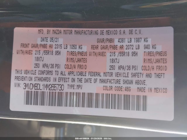 44199936 :رقم المزاد ، 3MVDMBDL1MM265730 vin ، 2021 Mazda Cx-30 Premium مزاد بيع