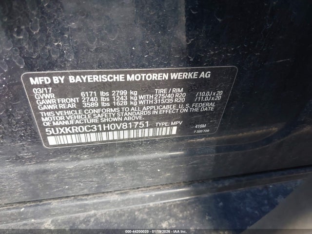 Продаж на аукціоні авто 2017 Bmw X5 Xdrive35i, vin: 5UXKR0C31H0V81751, номер лоту: 44200020