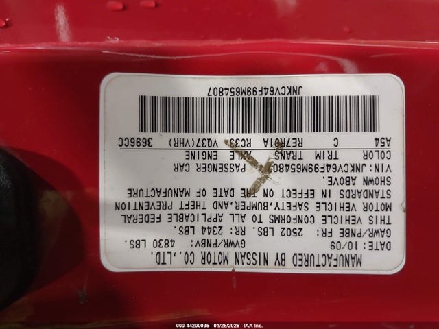 Aukcja sprzedaży 2009 Infiniti G37x, vin: JNKCV64F99M654807, numer aukcji: 44200035