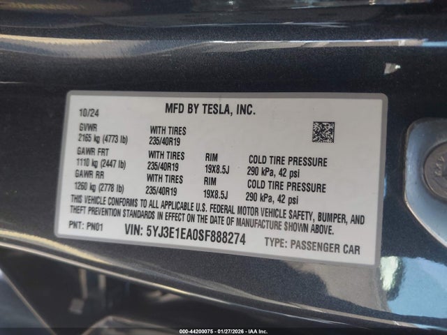 Aukcja sprzedaży 2025 Tesla Model 3, vin: 5YJ3E1EA0SF888274, numer aukcji: 44200075