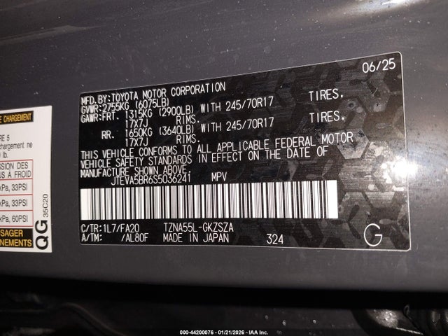2025 Toyota 4runner Sr5 მანქანა იყიდება აუქციონზე, vin: JTEVA5BR6S5036241, აუქციონის ნომერი: 44200076