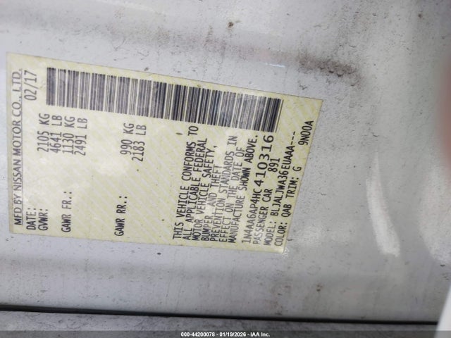 Aukcja sprzedaży 2017 Nissan Maxima 3.5 Sv, vin: 1N4AA6AP4HC410316, numer aukcji: 44200078