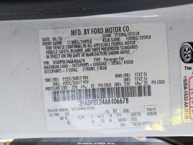 44200108 :رقم المزاد ، 3FADP0L34AR406678 vin ، 2010 Ford Fusion Hybrid مزاد بيع