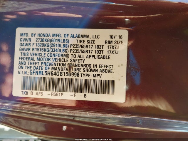5FNRL5H64GB150998 Honda Odyssey Ex-l