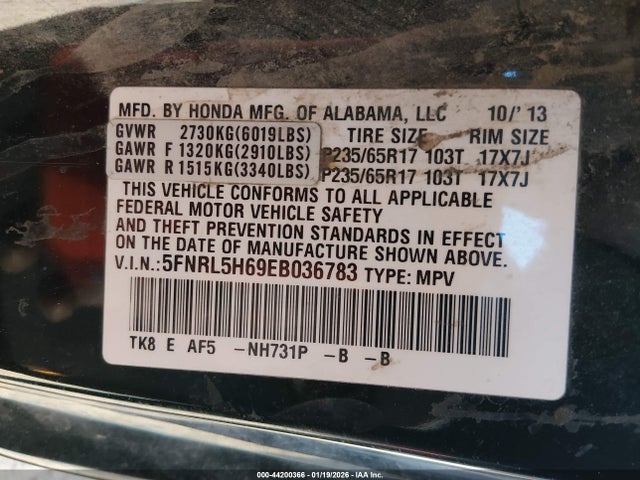 5FNRL5H69EB036783 Honda Odyssey Ex-l