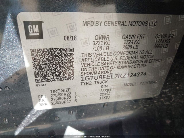 44200507 :رقم المزاد ، 1GTU9FEL7KZ124374 vin ، 2019 Gmc Sierra 1500 Denali مزاد بيع