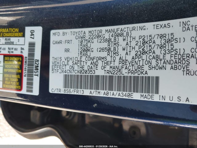 Продажа на аукционе авто 2012 Toyota Tacoma, vin: 5TFJX4CN7CX020353, номер лота: 44200533