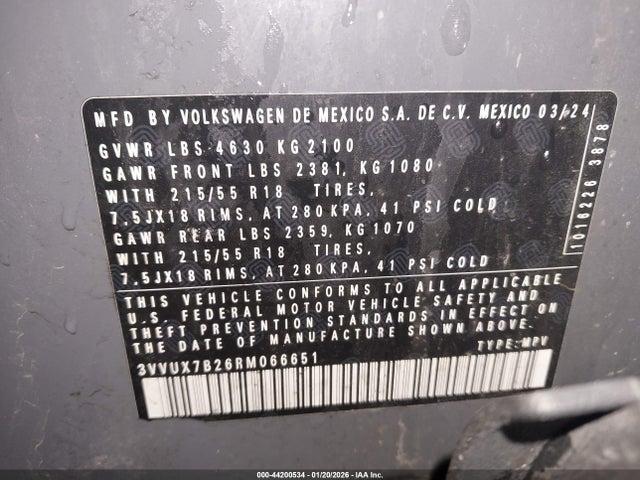 44200534 :رقم المزاد ، 3VVUX7B26RM066651 vin ، 2024 Volkswagen Taos 1.5t Se مزاد بيع