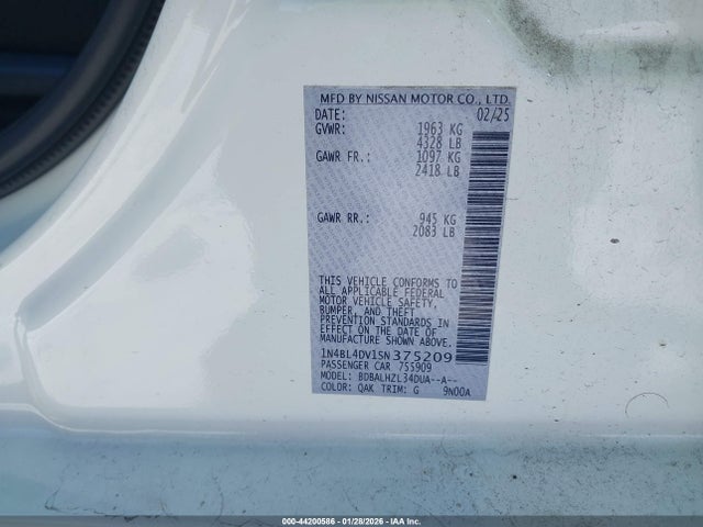 44200586 :رقم المزاد ، 1N4BL4DV1SN375209 vin ، 2025 Nissan Altima Sv Fwd مزاد بيع