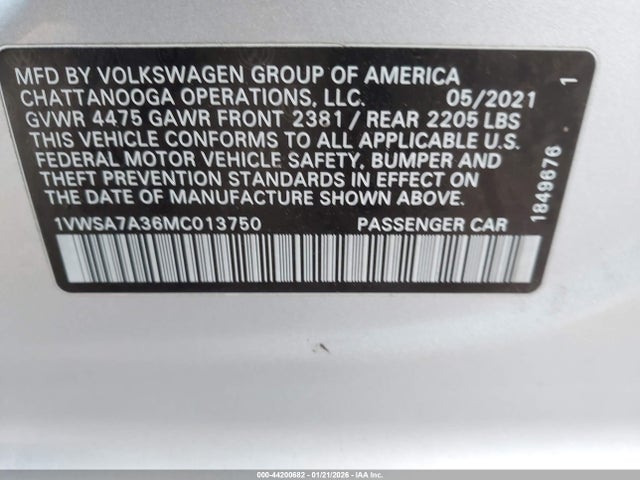 2021 Volkswagen Passat 2.0t Se მანქანა იყიდება აუქციონზე, vin: 1VWSA7A36MC013750, აუქციონის ნომერი: 44200682
