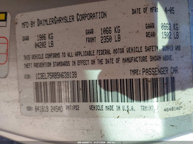 Aukcja sprzedaży 2005 Chrysler Sebring Gtc, vin: 1C3EL75R85N639139, numer aukcji: 44200711