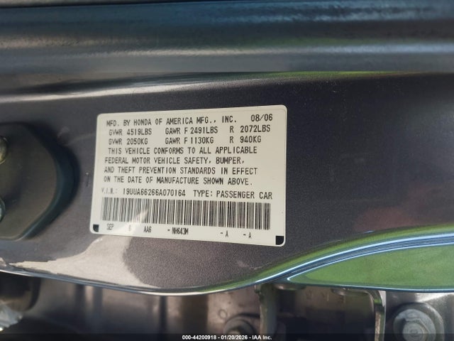 44200918 :رقم المزاد ، 19UUA66266A070164 vin ، 2006 Acura Tl مزاد بيع