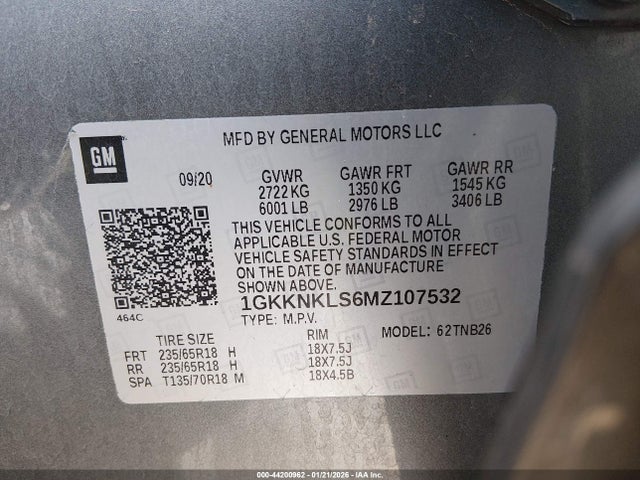 44200962 :رقم المزاد ، 1GKKNKLS6MZ107532 vin ، 2021 Gmc Acadia Fwd Sle مزاد بيع
