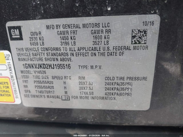 1GNKVJKD2HJ195516 Chevrolet Traverse Premier