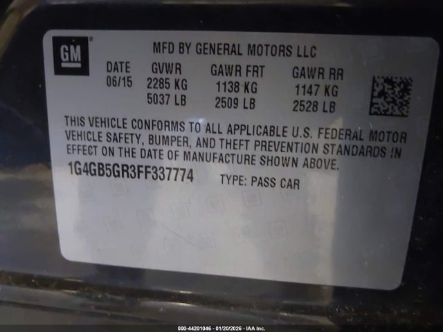 2015 Buick Lacrosse Leather მანქანა იყიდება აუქციონზე, vin: 1G4GB5GR3FF337774, აუქციონის ნომერი: 44201046