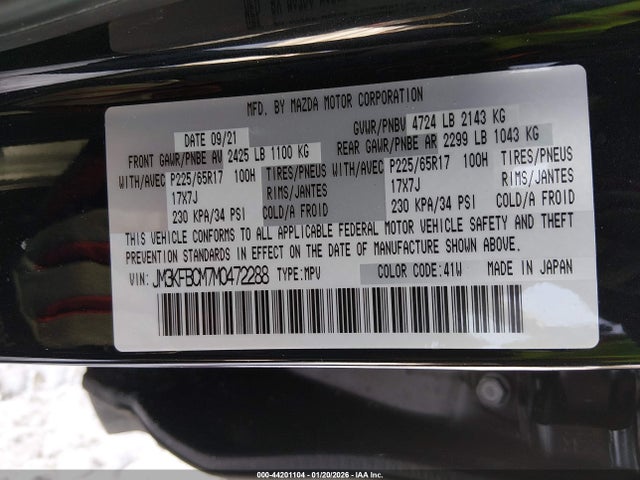 44201104 :رقم المزاد ، JM3KFBCM7M0472288 vin ، 2021 Mazda Cx-5 Touring مزاد بيع