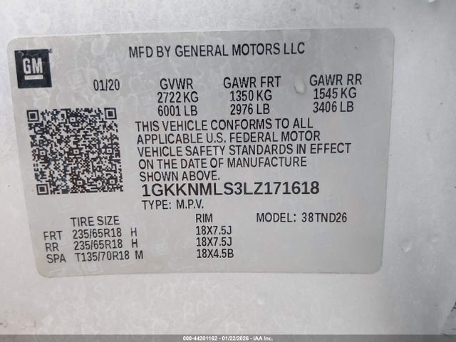 Aukcja sprzedaży 2020 Gmc Acadia Fwd Slt, vin: 1GKKNMLS3LZ171618, numer aukcji: 44201162