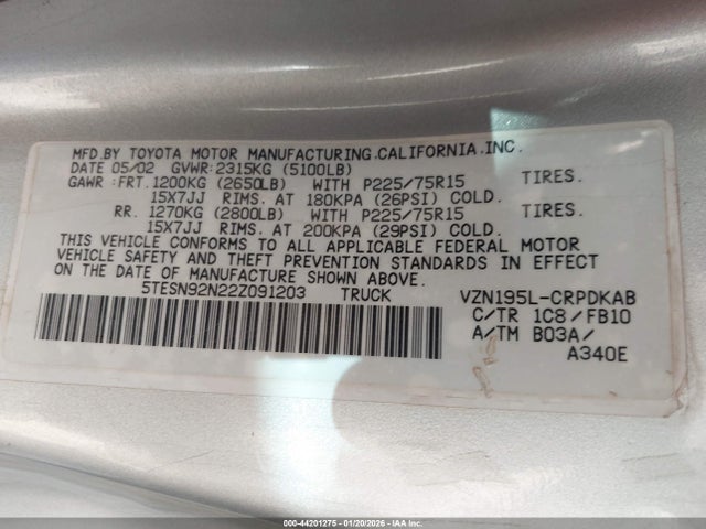 2002 Toyota Tacoma Prerunner V6 მანქანა იყიდება აუქციონზე, vin: 5TESN92N22Z091203, აუქციონის ნომერი: 44201275
