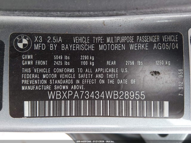 Aukcja sprzedaży 2004 Bmw X3 2.5i, vin: WBXPA73434WB28955, numer aukcji: 44201344