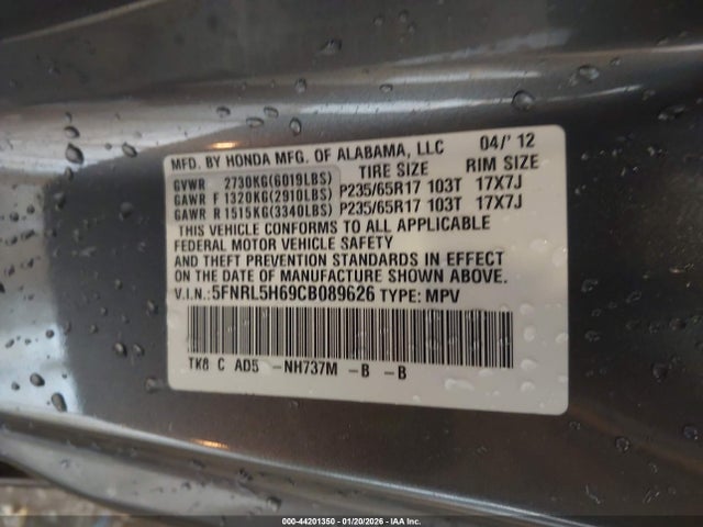 Продажа на аукционе авто 2012 Honda Odyssey Ex-l, vin: 5FNRL5H69CB089626, номер лота: 44201350