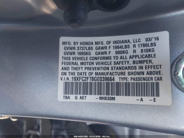 Honda CIVIC EX 2016 19XFC2F78GE039664 Image 9