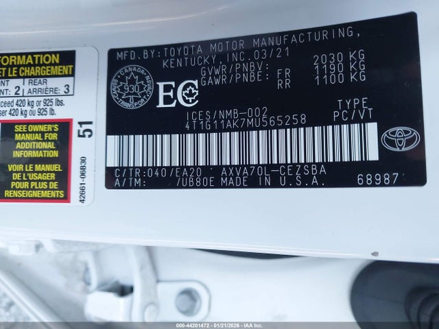 4T1G11AK7MU565258 Toyota CAMRY SE