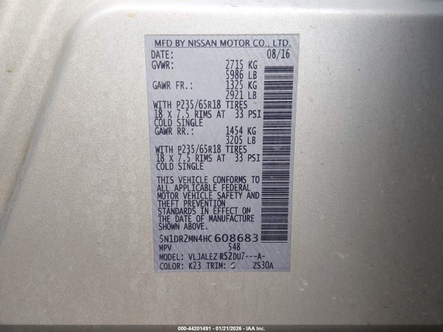 Nissan Pathfinder Sv 2017 5N1DR2MN4HC608683 Image 9