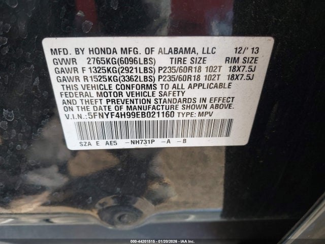 Honda Pilot Touring 2014 5FNYF4H99EB021160 Image 9