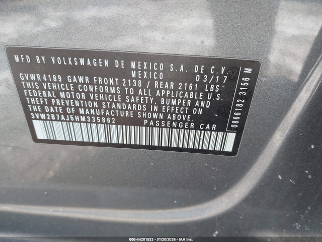 Продажа на аукционе авто 2017 Volkswagen Jetta 1.4t S, vin: 3VW2B7AJ5HM335862, номер лота: 44201533