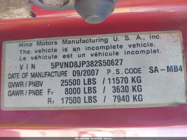 Aukcja sprzedaży 2008 Hino 258, vin: 5PVND8JP382S50627, numer aukcji: 44201604