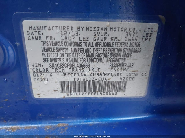3N1CE2CP0EL405663 Nissan Versa Note Sv